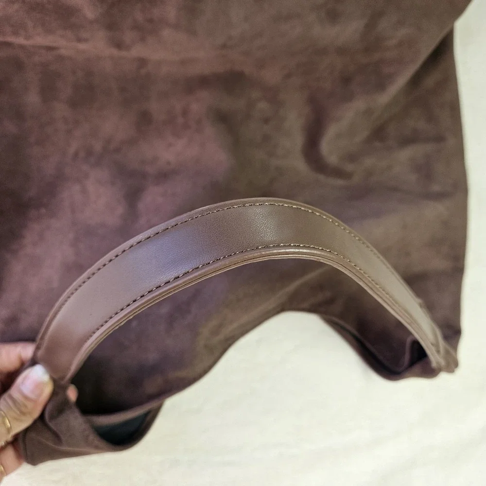 Brown Suede Look Hobo Shoulder Bag Slouchy Minimalist Purse Medium - Picture 6 of 6